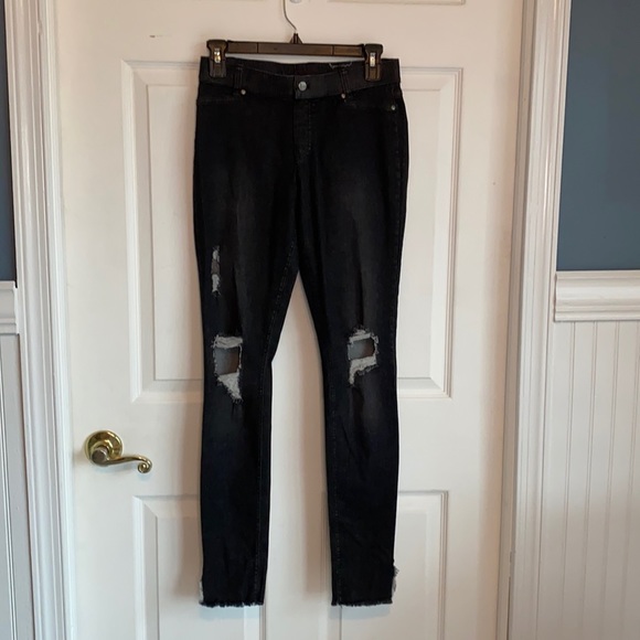 Hue Jean Leggings Ripped Ankle Slit Denim Black Wash Size Small - Picture 2 of 11